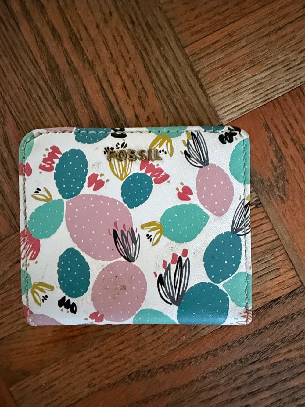 Fossil White Wallet with Teal, Mint & Pink Cactus Print
